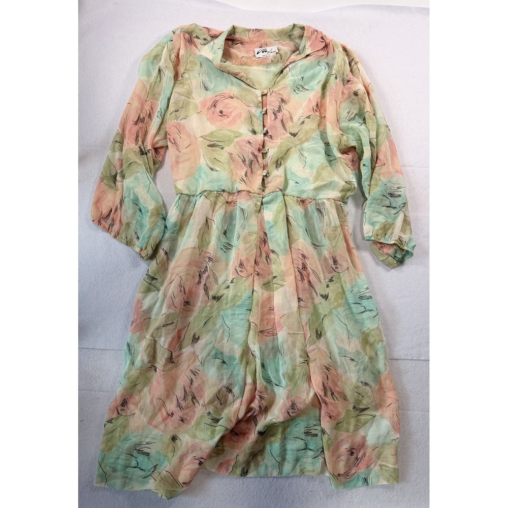 Vintage 1980s Willi of California Floral Chiffon Midi Dress Women's Button Top